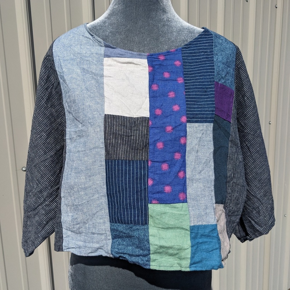 Susan Eastman Cropped Patchwork Top OS Boho Lagenlook Boxy Dolman Hickory Stripe
